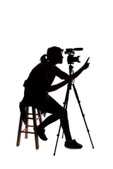 Silhouette of a female indie filmmaker, online content creator or casting director with a camera and mic on a white background