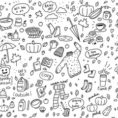 Seamless autumn line art hand drawn doodle pattern with isolated elements