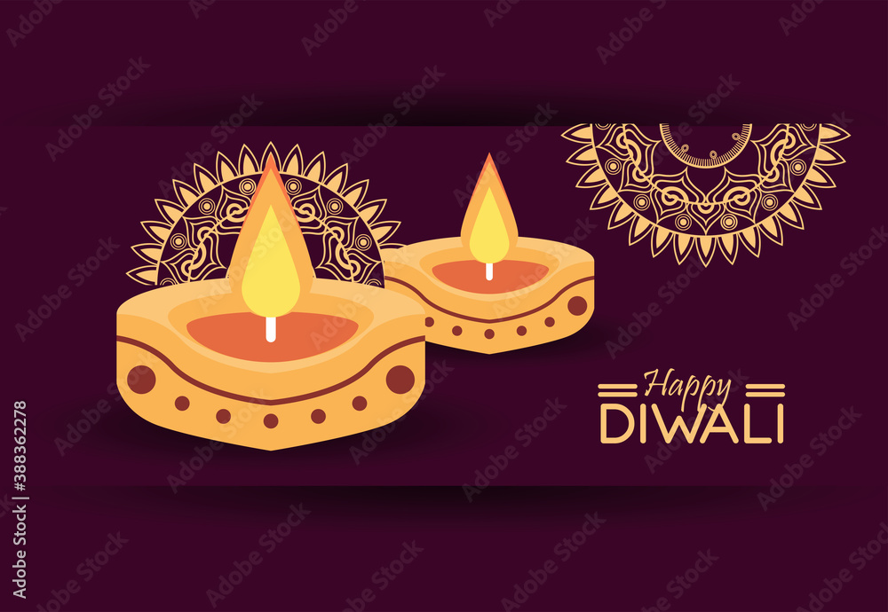 Poster happy diwali celebration with two candles and mandalas