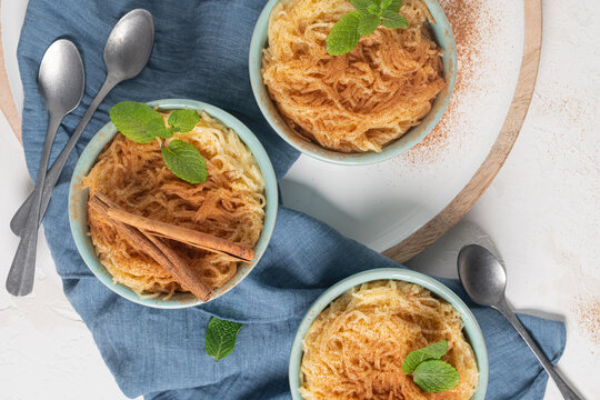Aletria is a classic Portuguese vermicelli pudding and this is a traditionally served at Christmas time. This is one of the favourites pudding from Portugal. Top view. Flat lay