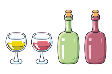 White and red wine bottle with glass isolated