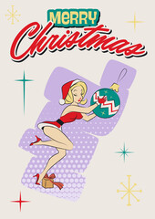 Christmas Pin-Up Girl, Mid Century Modern Season Holiday Greeting Cards Style Illustration, Beauty and Christmas Decoration 