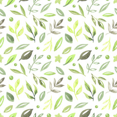 Naklejka premium Seamless pattern with green leaves, illustration in vintage watercolor style.