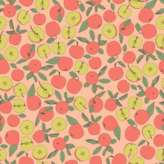 Fototapeta premium Vector pink green yellow apple tossed seamless repeat pattern