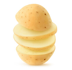 Flying pieces of washed raw potato on top of each other isolated on white background