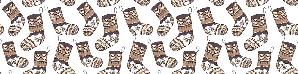 Nice Christmas stocking vector seamless pattern. Festive decorative illustration with doodle hand drawn sock in calm winter palette for wrapping paper, wallpaper, textile