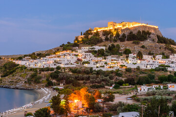 Sightseeing of Greece. Lindos village and Lindos castle, beautiful night view with illumination,...