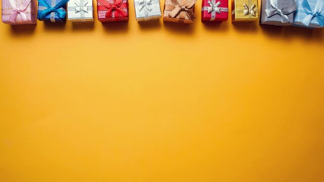 Gift boxes falling down on the yellow background. Stop motion.Holiday and celebrating concept