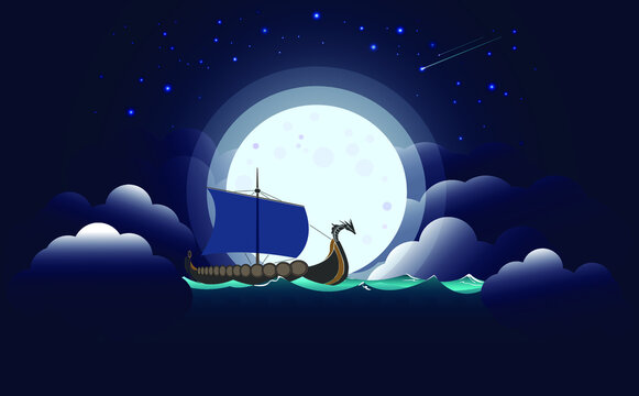 Drakkar vikings or barbarians in the moonlight, raid. Vector illustration