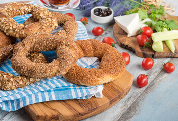 different types of Turkish bagels served with foods for breakfast and Turkish tea