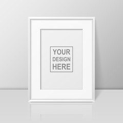 Vector 3d Realistic A4 White Wooden Simple Modern Frame on a Glossy White Shelf or Table with Reflection Against a White Wall. It can be used for presentations. Design Template for Mockup, Front View