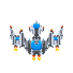 Obraz premium Powerful spaceship, game hero in pixel art style on white