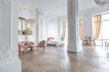 royal baroque style luxury posh interior of large room. extra white, full of day light. high ceiling and walls decorated by stucco