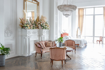 royal baroque style luxury posh interior of large room. extra white, full of day light. high ceiling and walls decorated by stucco