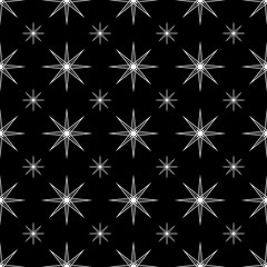 Seamless pattern with white big and small stars on black background. Texture for wrapping