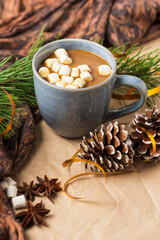 A Cup of coffee or cocoa with marshmallows with Christmas tree or New year decor. Winter still life with a warm drink, scarf, anise stars and cones