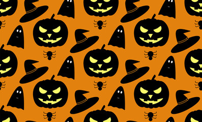 Halloween pattern with black pumpkin, witch hat, ghost and spider on orange background. Seamless texture