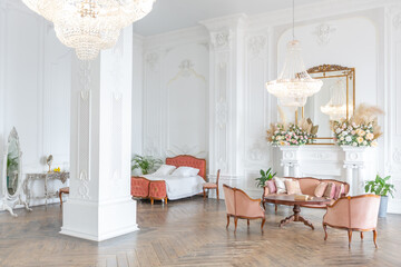 royal baroque style luxury posh interior of large room. extra white, full of day light. high ceiling and walls decorated by stucco