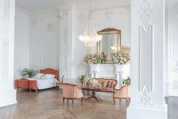 royal baroque style luxury posh interior of large room. extra white, full of day light. high ceiling and walls decorated by stucco