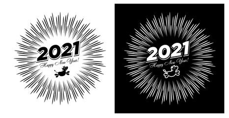 Fototapeta premium 2021 greeting card with funny ox and the inscription Happy New Year! against the background of festive fireworks. Vector on transparent and black background