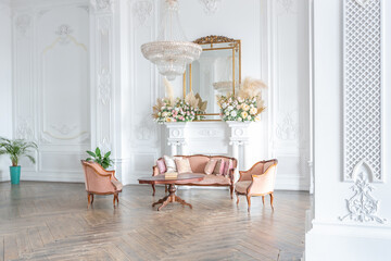 royal baroque style luxury posh interior of large room. extra white, full of day light. high...