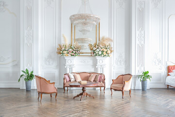 royal baroque style luxury posh interior of large room. extra white, full of day light. high ceiling and walls decorated by stucco