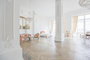 royal baroque style luxury posh interior of large room. extra white, full of day light. high ceiling and walls decorated by stucco