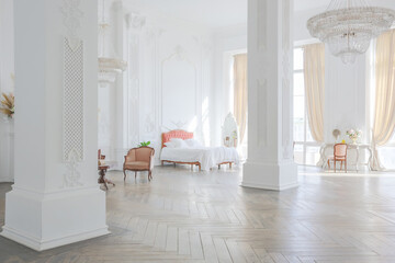 royal baroque style luxury posh interior of large room. extra white, full of day light. high...