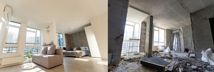 Fototapeta na wymiar Room with unfinished walls and a room after repair. Before and after renovation in new housing.