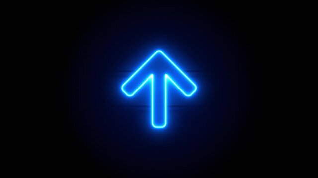 Arrow Up neon sign appear in center and disappear after some time. Animated blue neon alphabet symbol on black background. Looped animation.