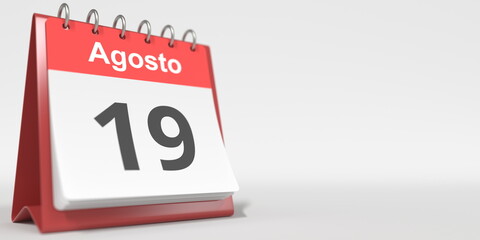 August 19 date written in Spanish on the flip calendar, 3d rendering