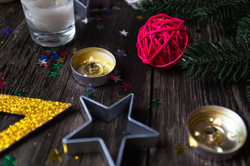 Christmas background stars burning candles, close up
