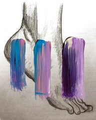 foot female illustration. simple pencil texture. Pink and black strokes of acrylic paint. Contemporary art. woman's leg sketch