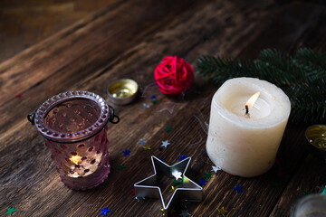 Christmas background stars burning candles, close up