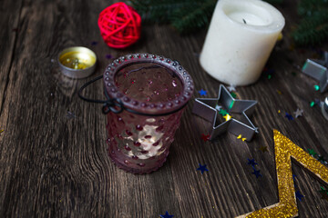 Christmas background stars burning candles, close up