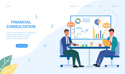 Financial consultation concept. Businessman helping colleague at business meeting. Flat vector illustration isolated on white background. Website, web page or landing page template