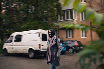 motion blur girl in mask walk quarantine, background