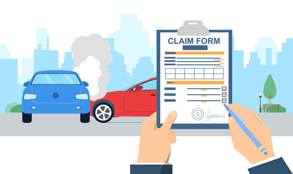 Insurance claim form. Car accident concept. Man fulfilling form on car crash background. Transport incident. Flat cartoon vector illustration. Two vehicle collided on the road.