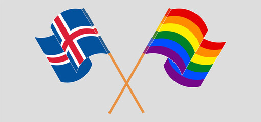 Crossed and waving flags of Iceland and LGBTQ