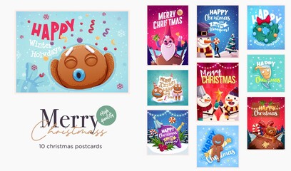 Set of Merry Christmas and Happy new Year greeting cards design with Christmas characters. Vector