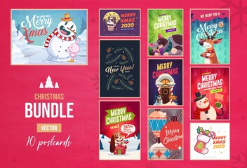 Set of Merry Christmas and Happy new Year greeting cards design with Christmas characters. Vector