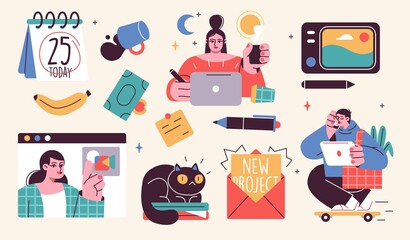 Set of illustrations about remote work and freelance. Freelancers at work and working distantly concept illustrations