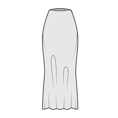 Skirt long bias cut technical fashion illustration with maxi lengths silhouette, semi-fitted fullness. Flat bottom template front, grey color style. Women, men, unisex CAD mockup
