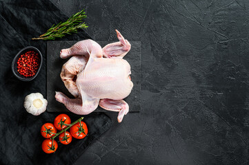 Raw whole poult with rosemary and pink pepper. Black background. Top view. Space for text