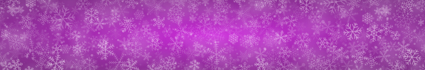 Obraz na płótnie Canvas Christmas banner of snowflakes of different shapes, sizes and transparency on purple background