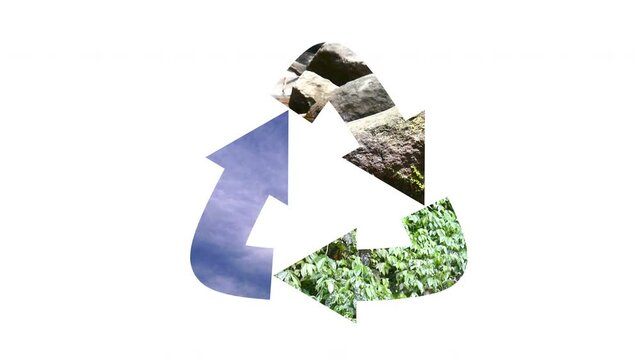 Recycle Logo Rotating with Nature Video Overlay on White Background and Green Screen