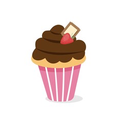 Chocoltae muffin with cookie and strawberry. Vector illustration of cupcake icon on white background