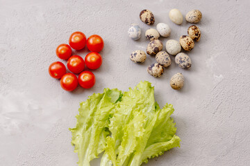 Ingredients for Caesar salad on gray background