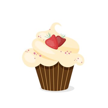Cupcake with cream and strawberry. Vector illustration of cupcake icon on white background