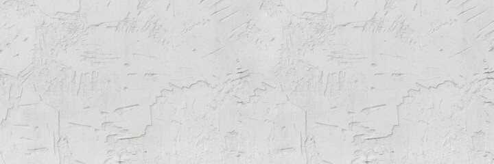 White plaster stucco wall background. White painted cement wall texture. Wide banner. Large panoramic banner.